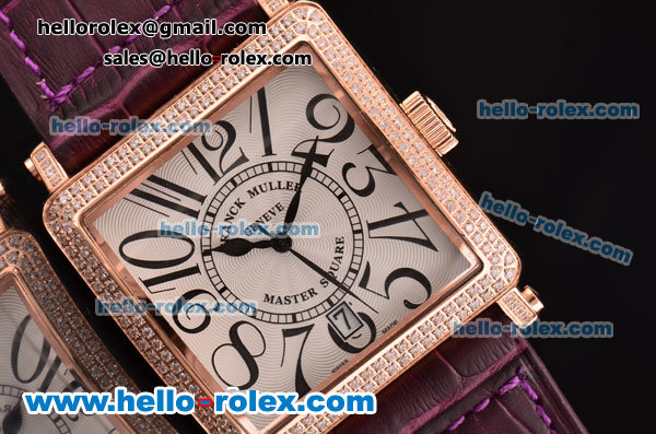 Franck Muller Master Square Swiss Quartz Rose Gold Case with Diamond bezel and Purple Leather Strap - Click Image to Close